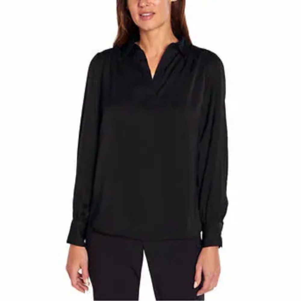 Banana Republic Black Long Sleeve Split Neck Collar Minimalist Blouse LG Witchy - Picture 2 of 16